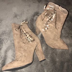 Taupe Suede Thick heeled boots. NWOT